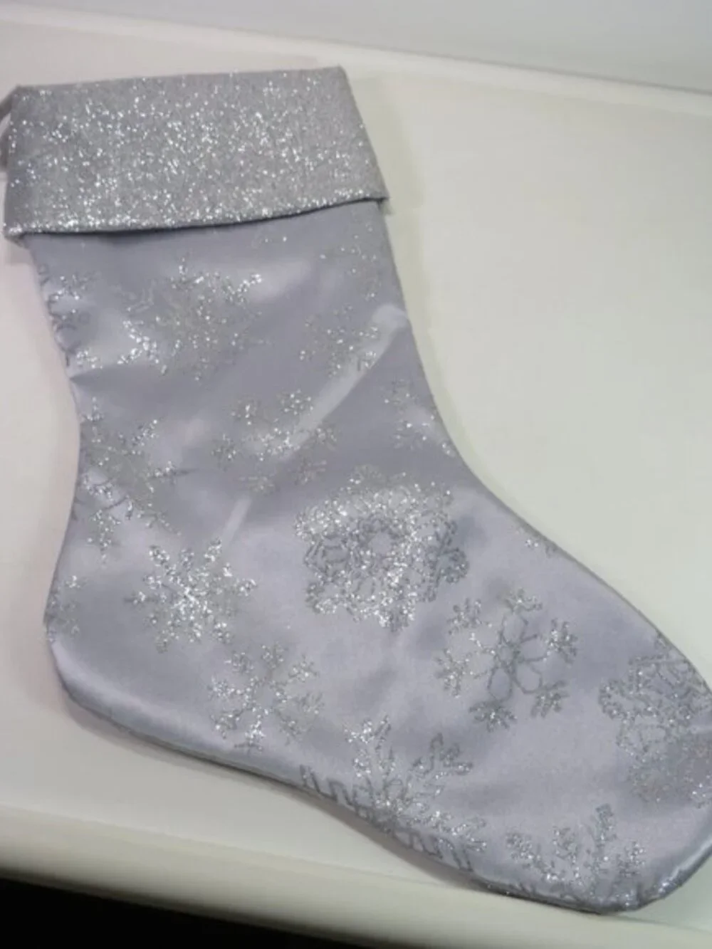 Satin Silver Glitter Snowflake Christmas Pair of 2 Stockings Impact Innovations
